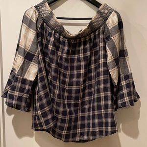 Ann Taylor LOFT Off the Shoulder Plaid Blouse